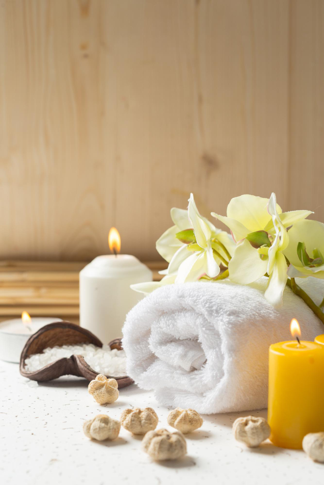 Tranquil spa interior with candles and relaxation area